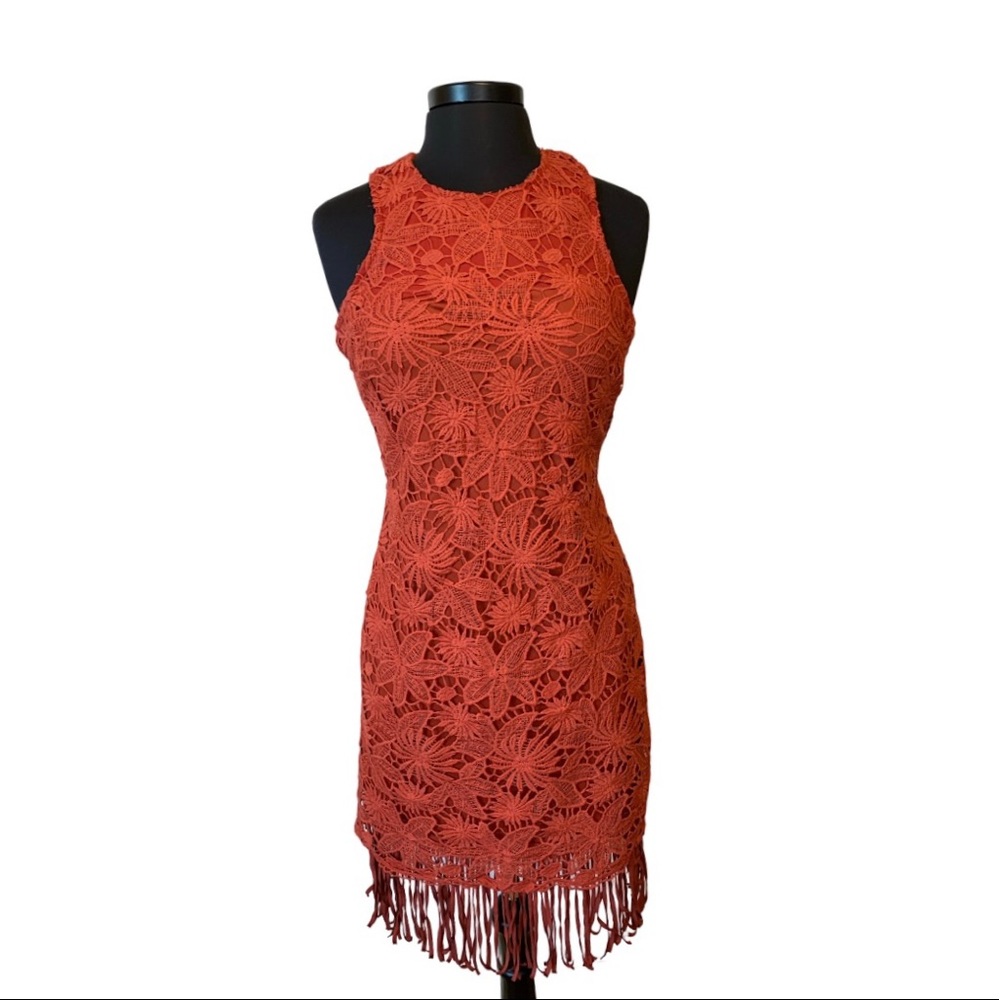 JOA Los Angeles Burnt Orange Lace Mini Dress with Fringe *as-is
